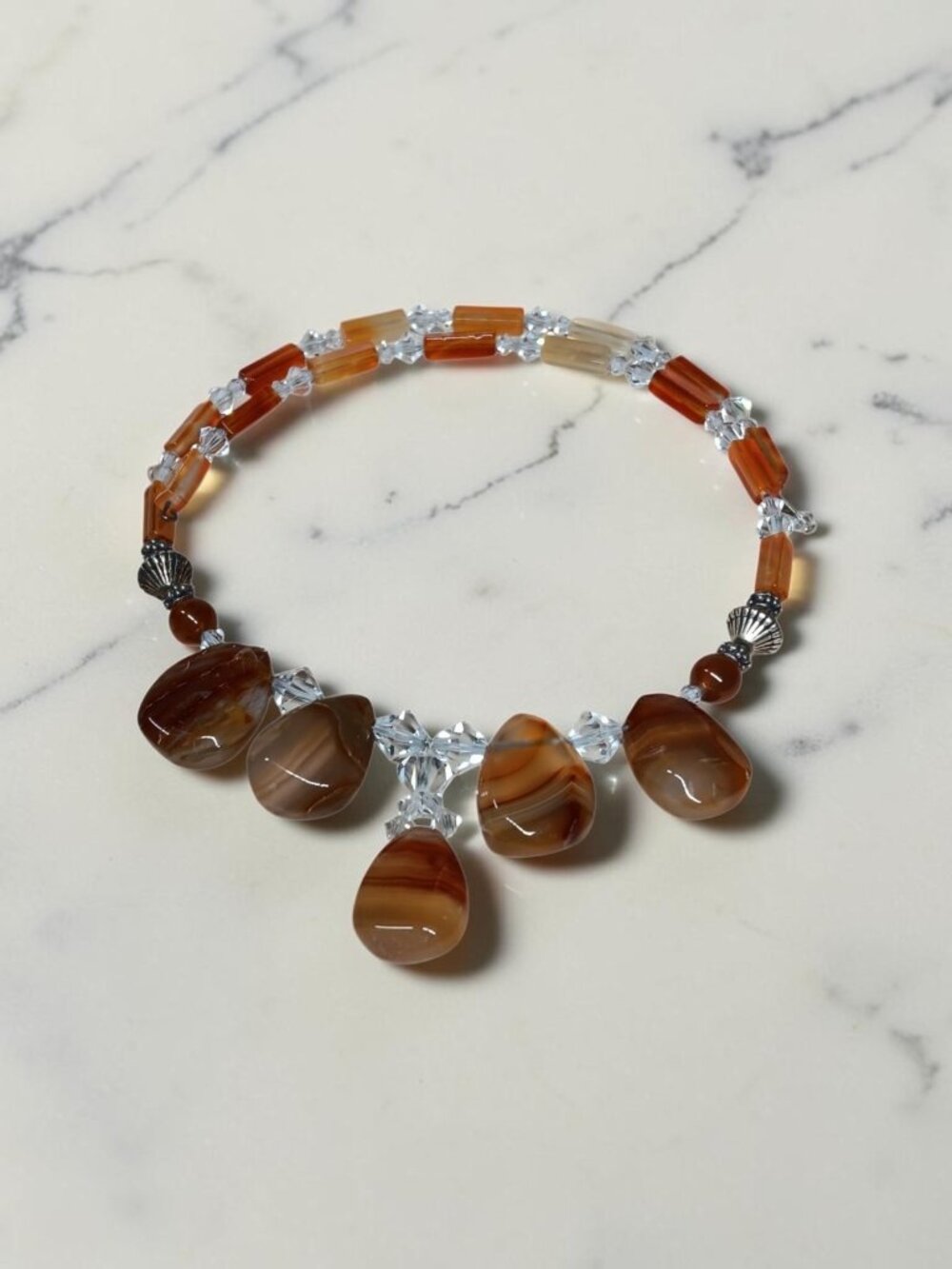 Choker Necklace Brown Banded Polished Agate Stones w/ Faceted Crystal Cone Beads